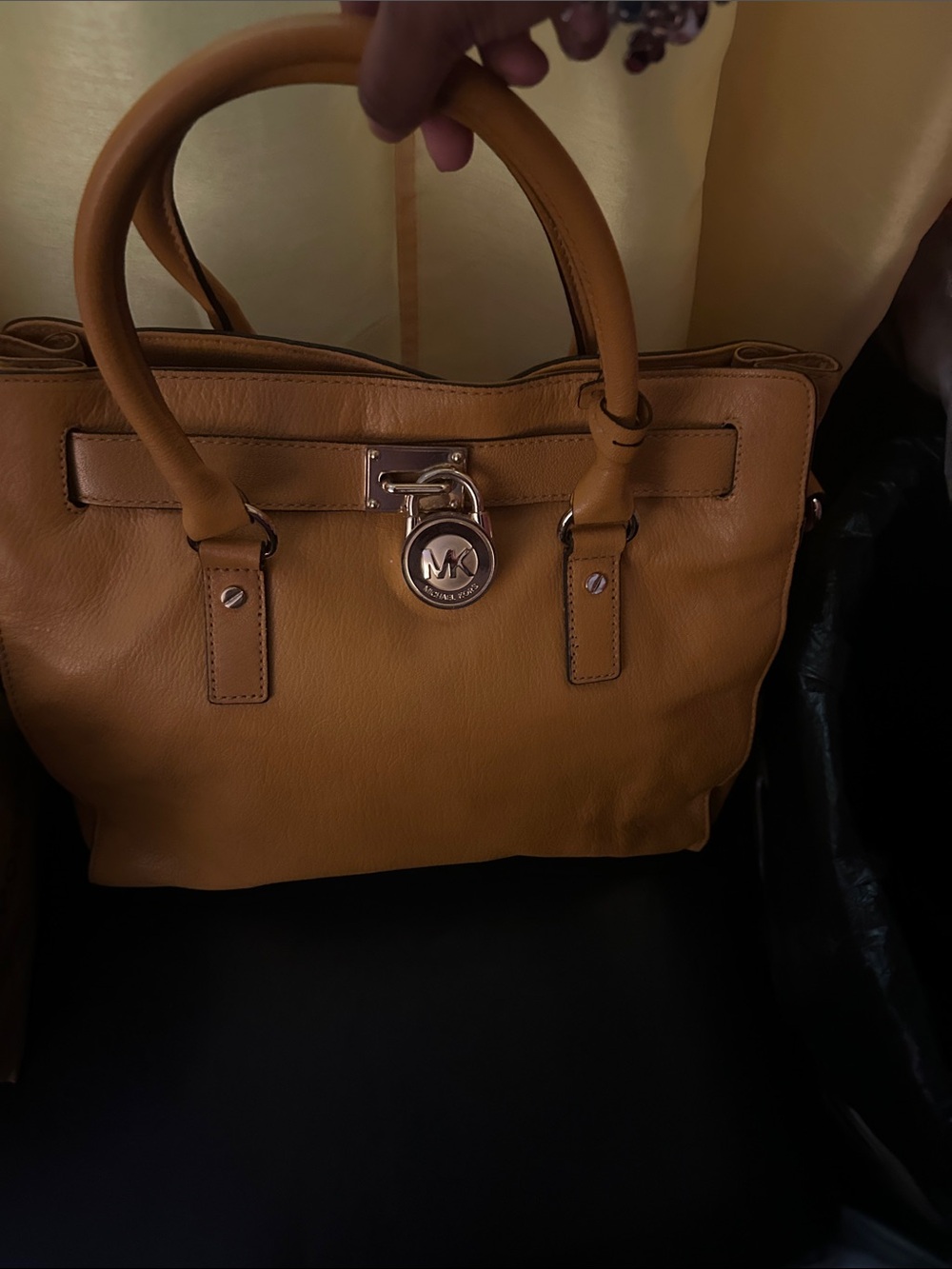 Michael Kors Mustard Leather Satchel with Signature MK Lock